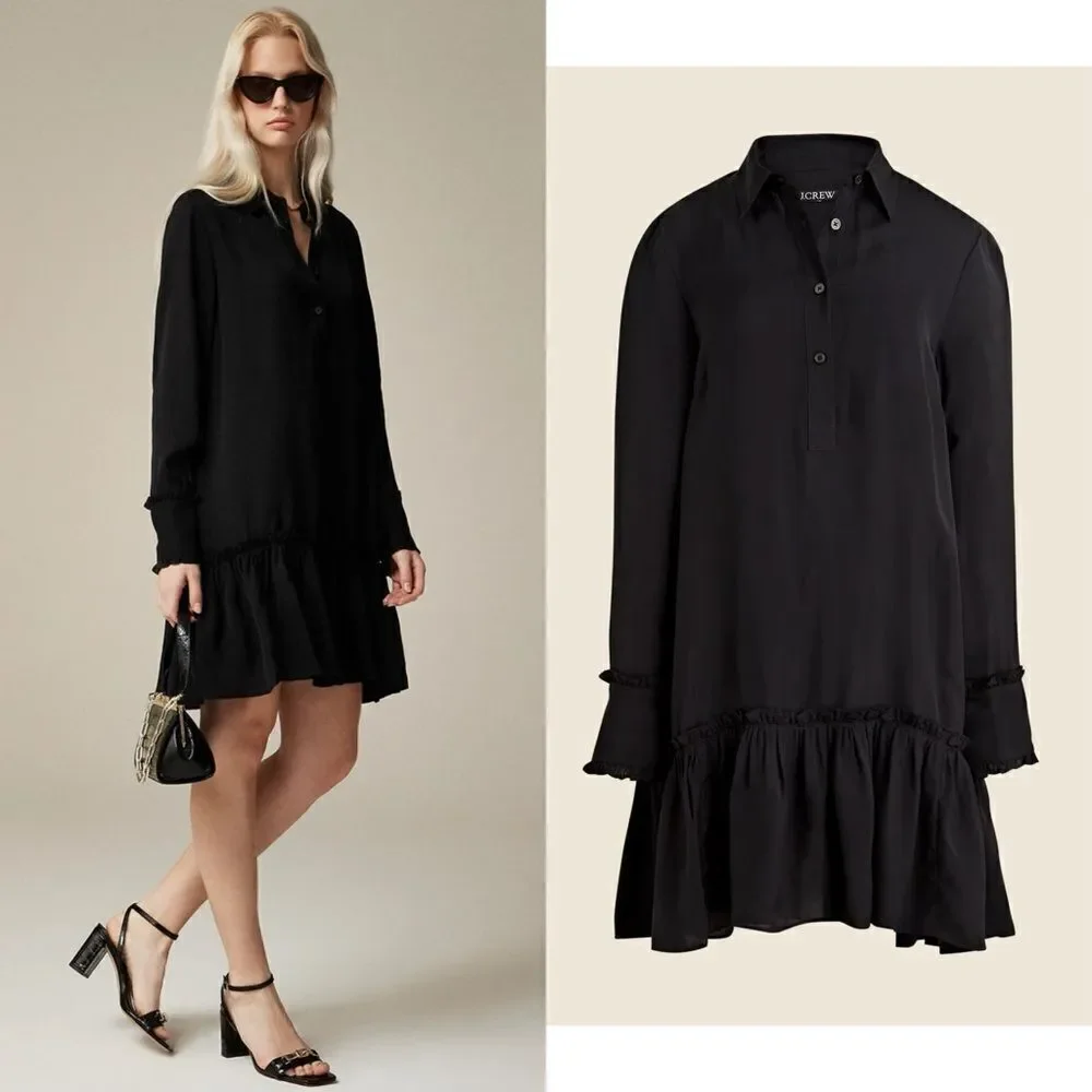 NWT J CREW Amelia popover shirtdress in drapey viscose twill in black